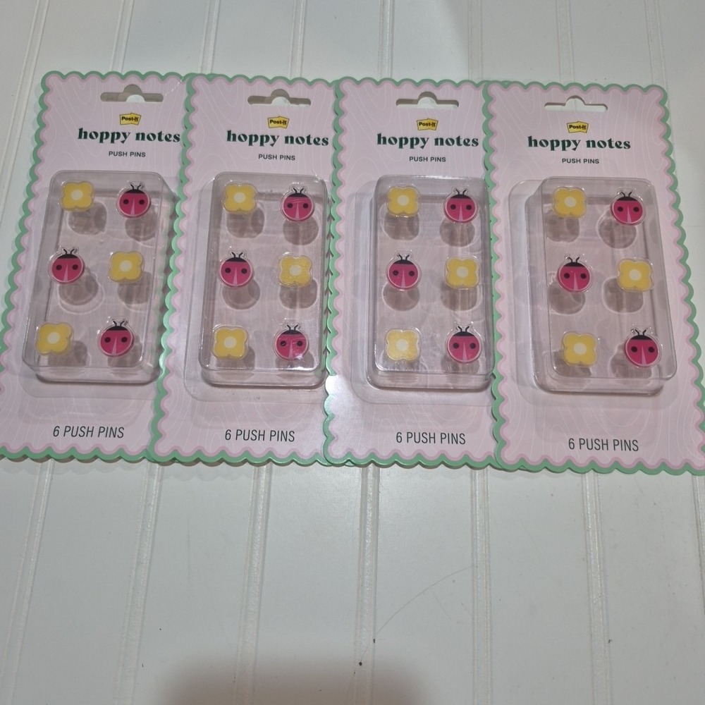 New Post-it Ladybug and Yellow Flower Push Pins 4-Pack (24 Push Pins)